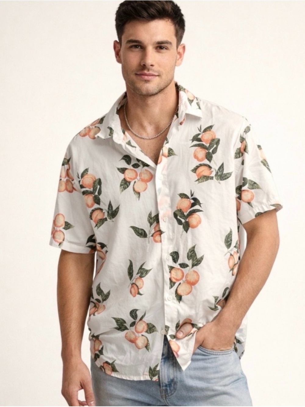 Abercrombie Men's Short-Sleeve Peach Print Button-Up Shirt - White
